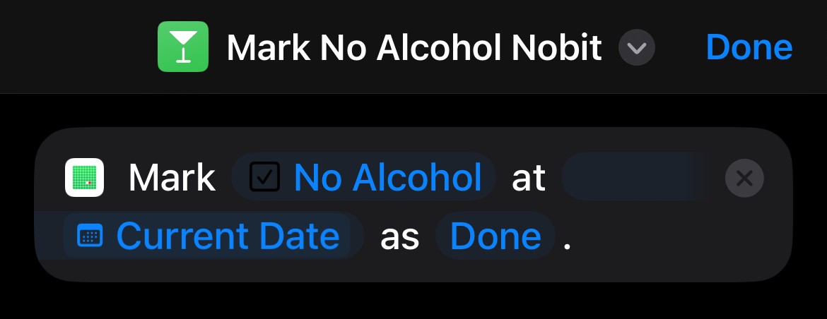 Screenshot of the Shortcut app showing HabitBoard's Mark Habit app shortcut to mark the No Alcohol as done.